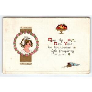 Vintage New Year Girl & Fruit Bowl Postcard 1916 Holiday Greeting